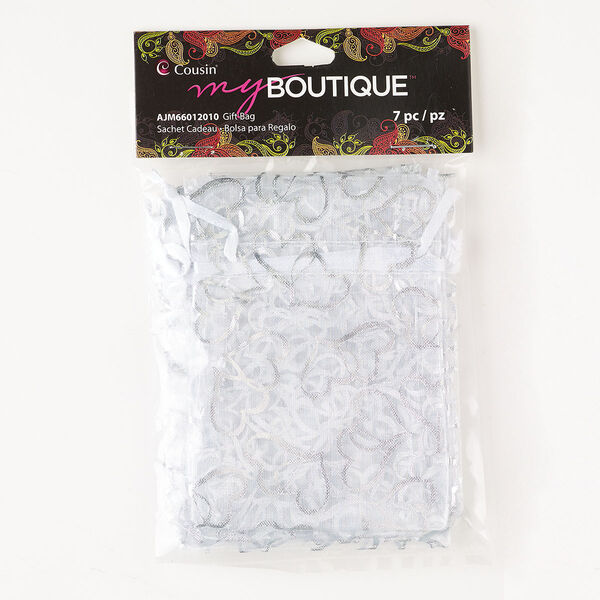 Pouch, organza, silver and white, 3x2-3/4 inch rectangle with heart pattern. Sold per pkg of 7. image number 0