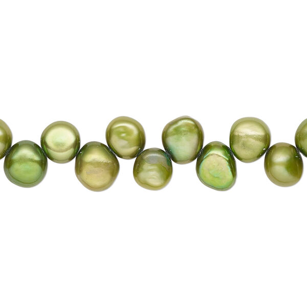 Pearl, cultured freshwater (dyed), dark yellow-green, 5-6mm top-drilled flat-sided potato with 0.4-0.5mm hole, D grade, Mohs hardness 2-1/2 to 4. Sold per 14-inch strand. image number 0