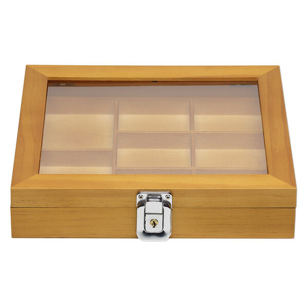 Organizer, stained wood / acrylic / brass / imitation rhodium-finished steel, brown / black / clear, 8-1/2 x 7-1/2 x 1-3/4 inch hinged rectangle with 7-3/4 x 6-3/4 x 3/4 inch tray and 8 compartments with key lock. Sold individually. image number 0