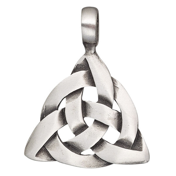 Pendant, antiqued pewter (tin-based alloy), 41x32mm double-sided Celtic knot triangle. Sold individually. image number 0