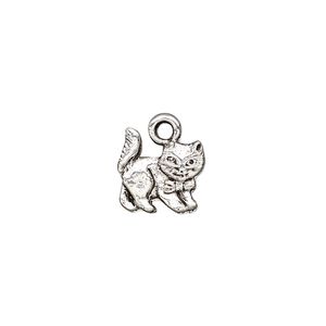 Charm, pewter (tin-based alloy), pkg/1, antique silver plate, 11.5mm cat with bowtie.