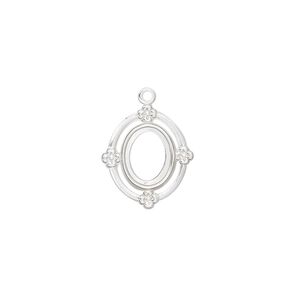 Drop, sterling silver, 16x13mm oval with flower and 8x6mm oval setting. Sold per pkg of 2.