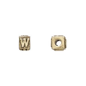 Bead, antique gold-plated pewter (tin-based alloy), 8x6mm rectangle with alphabet letter "W." Sold per pkg of 4.