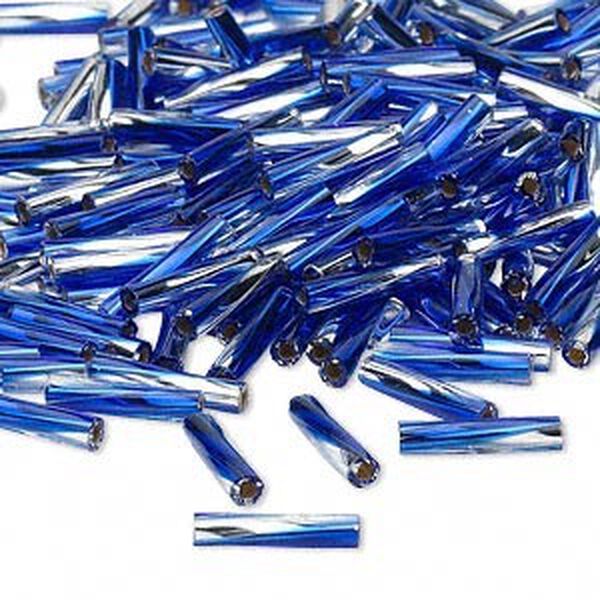 Bead, Miyuki, bugle bead, glass, pkg/50 g, 12x2.7mm center-drilled twisted, silver-lined translucent cobalt blue/clear (TW-3934). image number 0