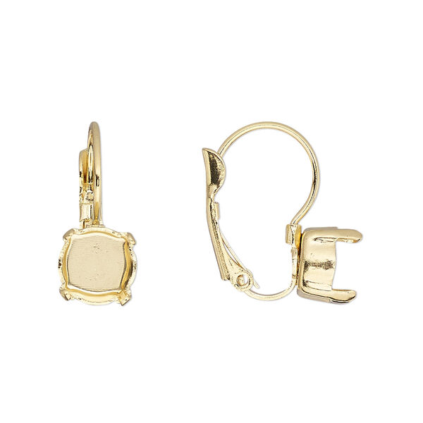 Ear wire, gold-plated brass, 18mm leverback with SS39 4-prong chaton setting. Sold per pair. image number 0