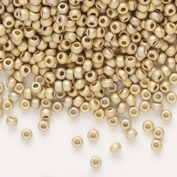 Seed bead, Miyuki, glass, pkg/250g, #8 rocaille, opaque 24Kt gold-plated matte light (RR-193F). image number 0
