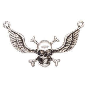Focal, antique silver-finished "pewter" (zinc-based alloy), 49x22mm skull with crossbones and wings. Sold individually.