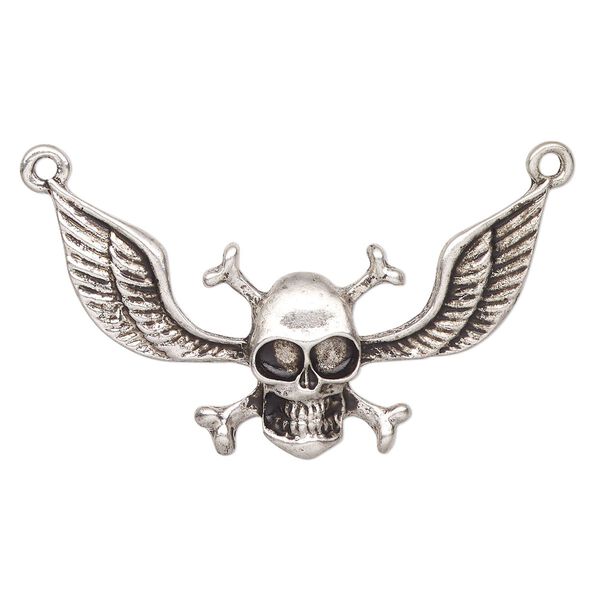 Focal, antique silver-finished "pewter" (zinc-based alloy), 49x22mm skull with crossbones and wings. Sold individually. image number 0