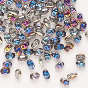 Seed bead, Preciosa Twin™ Pressed Twin Czech glass, pkg/200, 5x2.5mm oval, opaque iris silver, (15297).