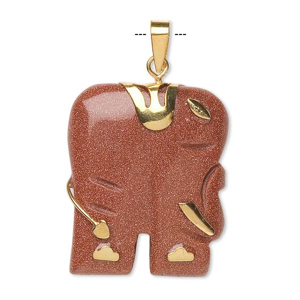 Pendant, brown goldstone (glass) (man-made) and gold-finished "pewter" (zinc-based alloy), 28x23mm-30x25mm single-sided elephant. Sold individually. image number 0