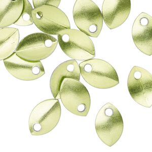 Component, anodized aluminum, green, 11x7mm 2-sided curved scale blank with 1.5mm hole, 20 gauge. Sold per pkg of 20.