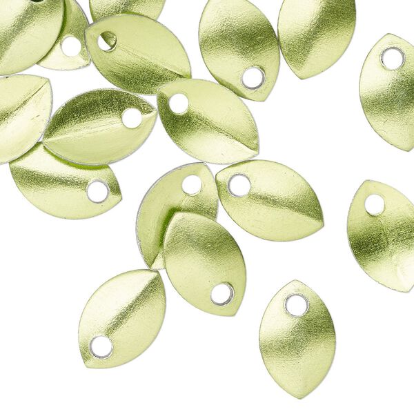 Component, anodized aluminum, green, 11x7mm 2-sided curved scale blank with 1.5mm hole, 20 gauge. Sold per pkg of 20. image number 0