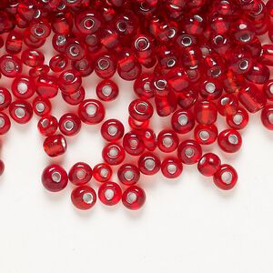 Seed bead glass 1pk #6 round, opaque silver-lined red 100 gram