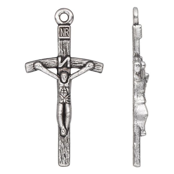Focal, antique silver-plated "pewter" (zinc-based alloy), 45x25mm single-sided crucifix. Sold per pkg of 10. image number 0