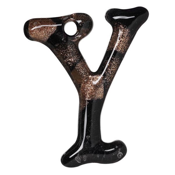 Focal, lampworked glass, semitransparent black and clear with copper-colored glitter, 43x35mm single-sided letter Y with 3.5-4.5mm hole. Sold individually. image number 0