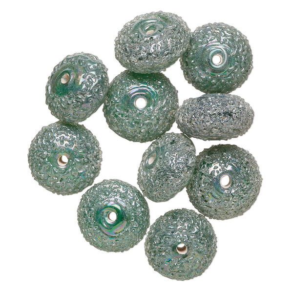 Bead, lampworked glass, translucent green AB, 15x8mm textured rondelle. Sold per pkg of 10. image number 0