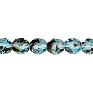 Bead, Czech fire-polished glass, black and turquoise blue, 8mm faceted round. Sold per 15-1/2" to 16" strand, approximately 50 beads.