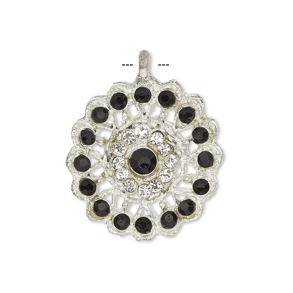 Pendant, glass rhinestone and silver-finished "pewter" (zinc-based alloy), clear and black, 23mm round. Sold individually. image number 0