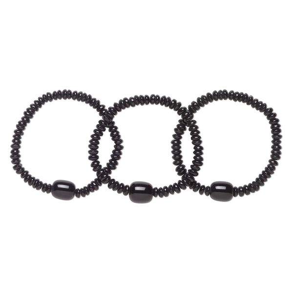 Bracelet, stretch, glass, black, 7-8 inches wearable length. Sold per pkg of 3. image number 0