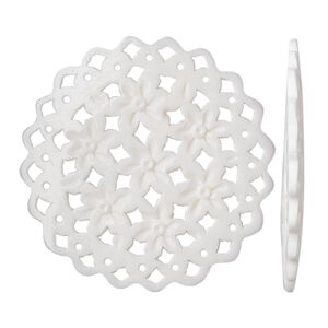 Focal, bone (bleached), white, 39mm round with flower and cutout design, Mohs hardness 2-1/2. Sold per pkg of 2.