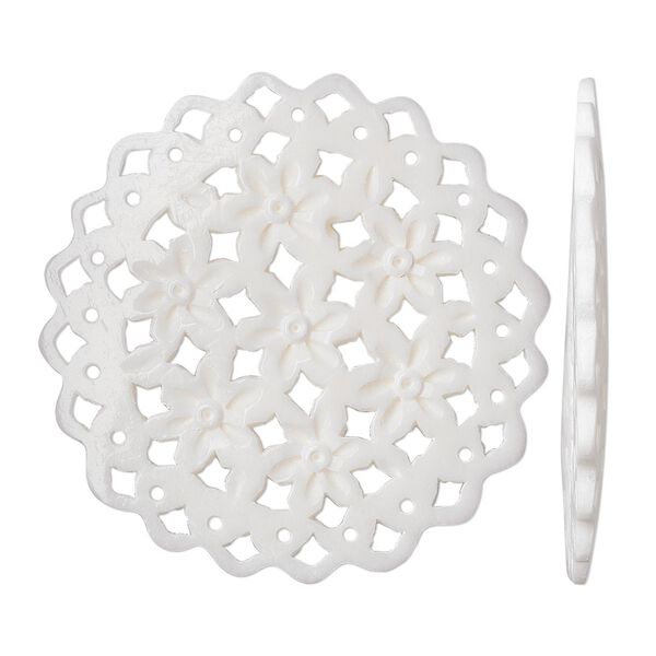 Focal, bone (bleached), white, 39mm round with flower and cutout design, Mohs hardness 2-1/2. Sold per pkg of 2. image number 0