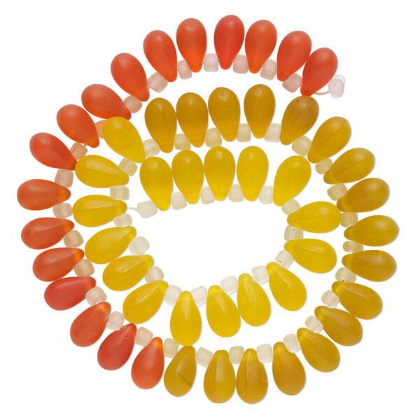 Bead, glass, translucent matte orange, light yellow and yellow, 11x7mm top-drilled teardrop with irregular rondelles. Sold per 14-inch strand. image number 0