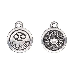 Charm, TierraCast®, antique silver-plated pewter (tin-based alloy), 15mm two-sided flat round with Cancer zodiac sign and symbol. Sold per pkg of 2.