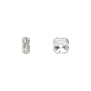 Bead, glass rhinestone and silver-plated brass, clear, 6x3mm squaredelle. Sold per pkg of 10.