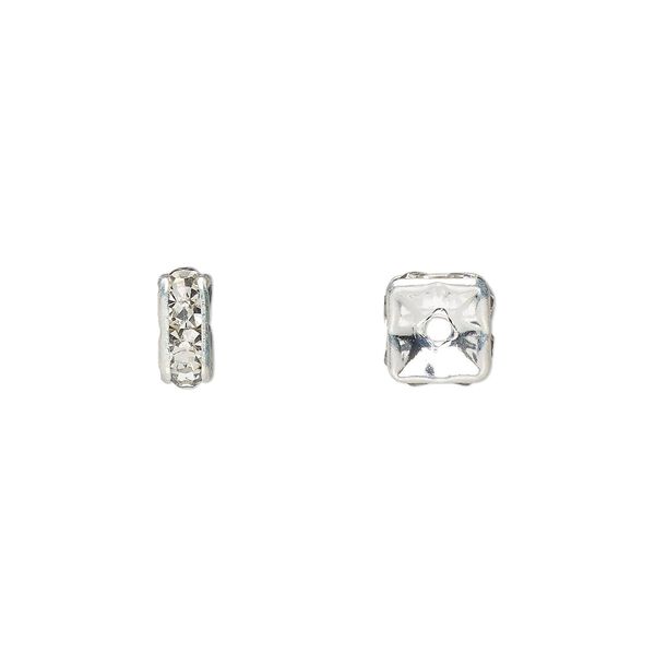 Bead, glass rhinestone and silver-plated brass, clear, 6x3mm squaredelle. Sold per pkg of 10. image number 0