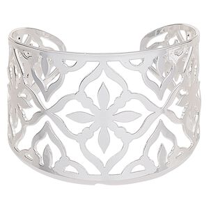 Bracelet, cuff, silver-finished steel, 45mm wide with cutout flower design, adjustable from 8-9 inches. Sold individually.