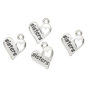 Charm, antique silver-finished "pewter" (zinc-based alloy), 14x13mm heart with sisters. Sold per pkg of 4.