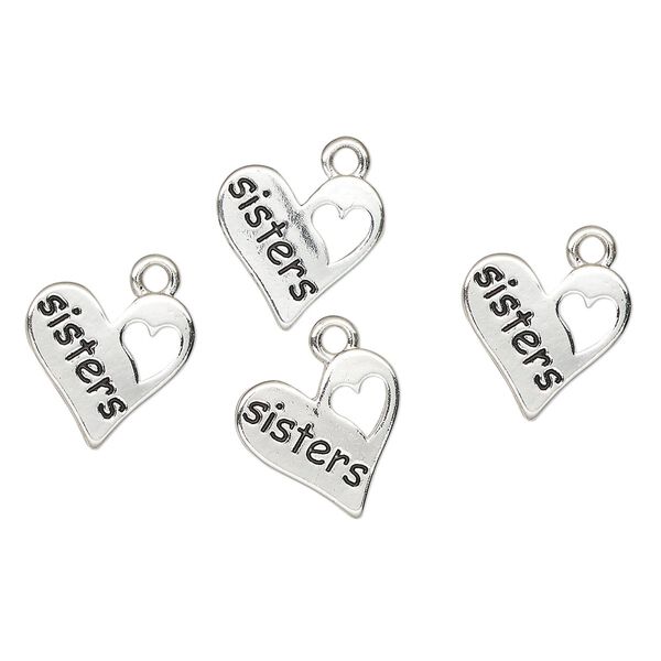 Charm, antique silver-finished "pewter" (zinc-based alloy), 14x13mm heart with sisters. Sold per pkg of 4. image number 0