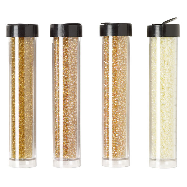 Seed bead assortment, Ming Tree™, glass, pkg/(4) 4 x 3/4 inch vials, #11 round, opaque and transparent ceylon luster yellow, tan and amber yellow. image number 0