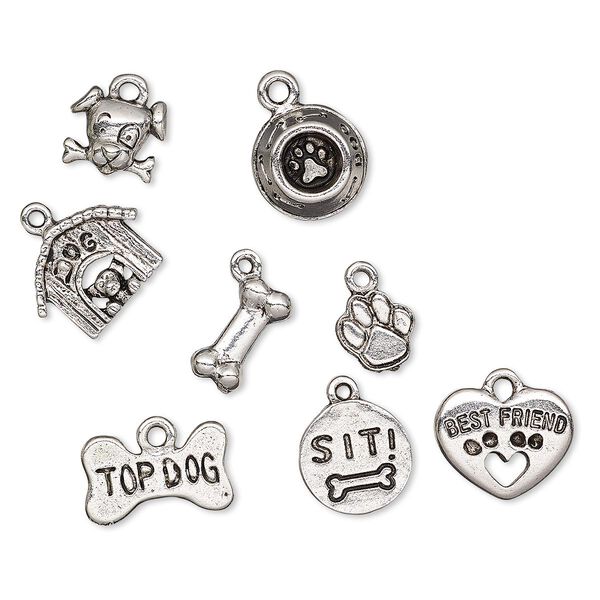 Charm, antique silver-plated pewter (tin-based alloy), 9x9mm-16.5x12mm assorted dog lover theme. Sold per 8-piece set. image number 0