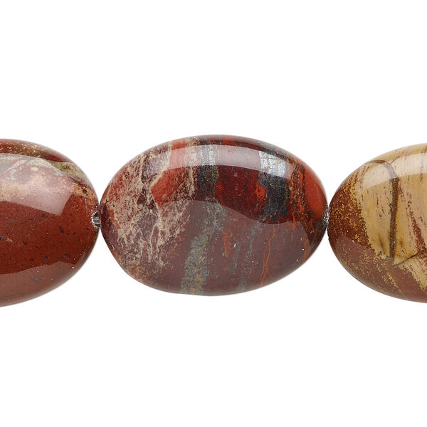 Bead, rainbow brecciated jasper (natural), 25x18mm flat oval, B grade, Mohs hardness 6-1/2 to 7. Sold per 15-1/2" to 16" strand. image number 0