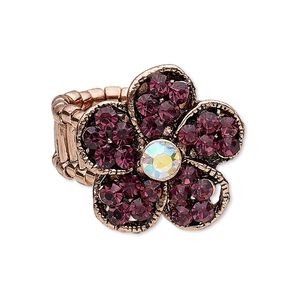 Ring, stretch, glass rhinestone and copper-plated "pewter" (zinc-based alloy), clear AB and purple, 25x25mm flower. Sold individually.