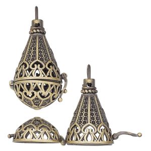 Pendant, antique brass-finished brass, 41x21.5mm balloon bead cage with fancy cutout design and safety latch, fits 14mm round bead. Sold individually.