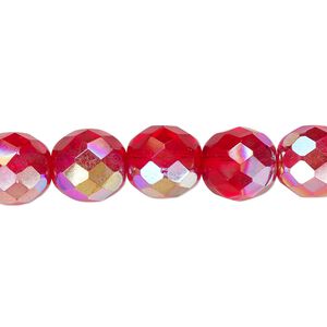Bead, Czech fire-polished glass, light red AB, 10mm faceted round. Sold per 15-1/2" to 16" strand.