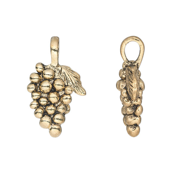 Charm, antique gold-finished "pewter" (zinc-based alloy), 19x14mm double-sided grapes. Sold per pkg of 6. image number 0