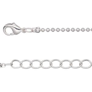 Chain, silver-plated brass, 1.5mm ball, 18 inches with 1-inch extender chain and lobster claw clasp. Sold per pkg of 4.
