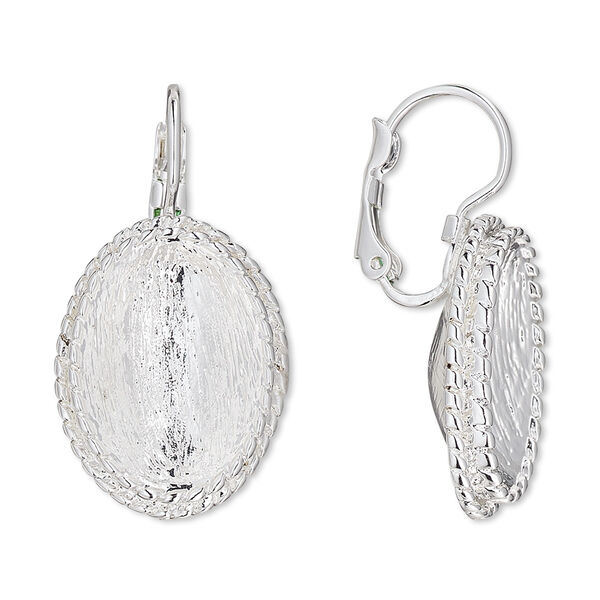 Ear wire, Almost Instant Jewelry®, silver-plated brass and "pewter" (zinc-based alloy), 32mm leverback with rope edge and 18x13mm oval setting. Sold per pair. image number 0