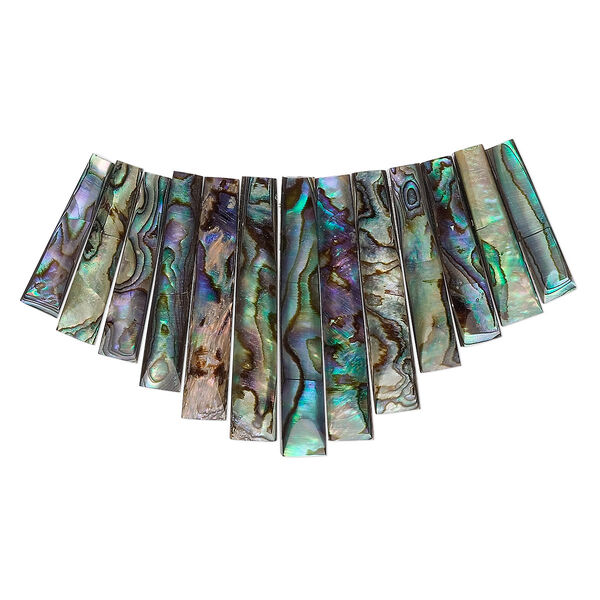 Bead, paua shell and resin (assembled), 26x6mm-43x7mm graduated hand-cut fan, Mohs hardness 3-1/2. Sold per 13-piece set. image number 0