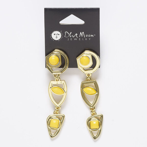 Earring, acrylic / gold-finished "pewter" (zinc-based alloy) / steel, yellow, 3 inches with post and comfort clutch earnut. Sold per pair image number 0
