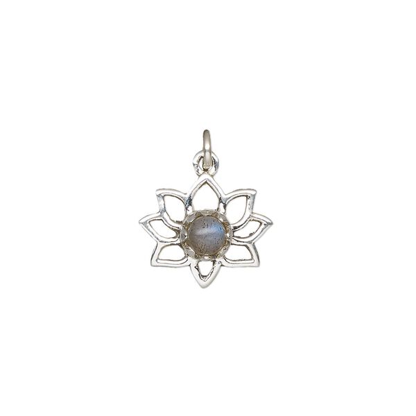 Labradorite / sterling silver 1pkg1, open lotus drop natural antiqued 14.5x12mm image number 0