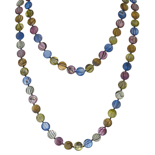 Necklace, mother-of-pearl shell (dyed / coated), multicolored, 12mm flat round, 45-inch knotted continuous loop. Sold individually. image number 0