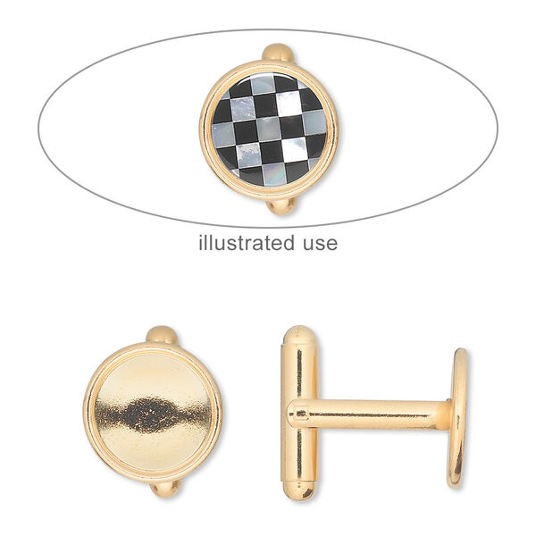 Cuff link, gold-finished brass, 12mm round bezel setting. Sold per pkg of 2 pairs. image number 0