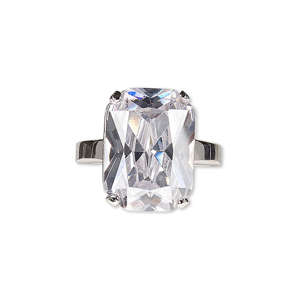 Ring, glass and rhodium-plated brass, clear, 18x13mm rectangle, size 8. Sold individually. image number 0