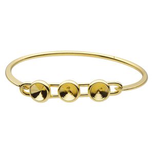 Bracelet, Almost Instant Jewelry®, bangle, gold-finished brass, 11mm wide with (3) SS39 rivoli glue-in settings and latch bar, 8 inches. Sold individually.
