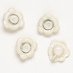 Charm, "pewter" (zinc-based alloy) and enamel, pkg/4, cream, 13-14mm flower with hidden loop.