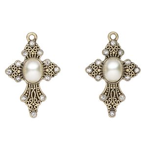 Focal, antique gold-finished "pewter" (zinc-based alloy), acrylic pearl and glass, clear and white, 31x22mm fancy cross. Sold per pkg of 2.